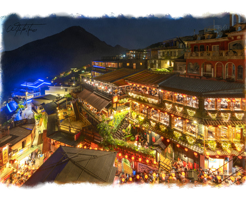 送料無料】絵画調写真作品「台湾 - 九份の夜景」 写真