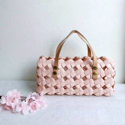 【9色より選べる】 大人かごバッグ Ｍ 桜 pink 本革ハンドル ギフト 着物 浴衣 卒業式 袴にも素敵 1枚目の画像