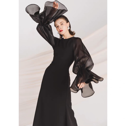 ブラックパーティドレス シースルーボリューム袖 演奏会 二次会 ドレス