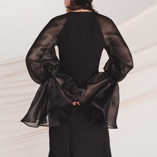 ブラックパーティドレス シースルーボリューム袖 演奏会 二次会 ドレス  