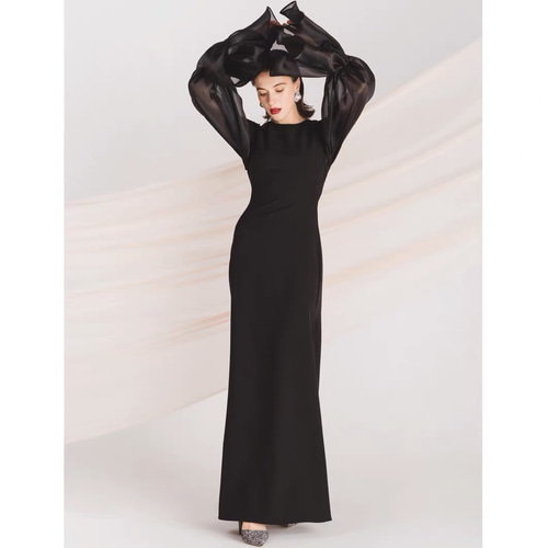 ブラックパーティドレス シースルーボリューム袖 演奏会 二次会 ドレス  