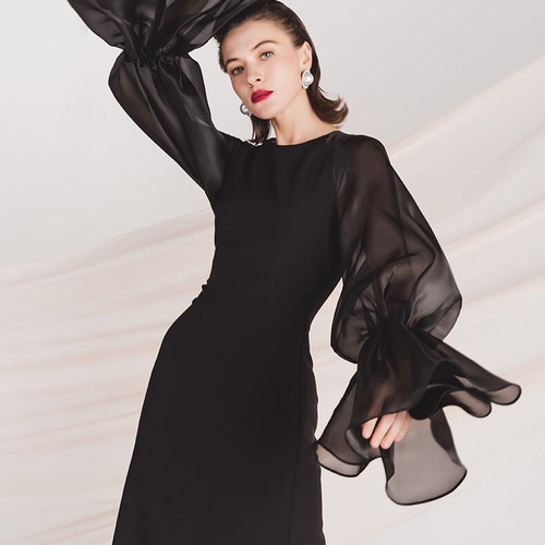 ブラックパーティドレス シースルーボリューム袖 演奏会 二次会 ドレス