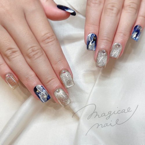No.345 ネイルチップ 紺 ニュアンス 秋 冬 マグネット ブライダル 2025