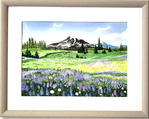 ルーピンの咲くフィールド」透明水彩画 原画 風景画 額縁付 F4 ルーピンの咲くフィールド」透明水彩画 原画 風景画 額縁付 F4