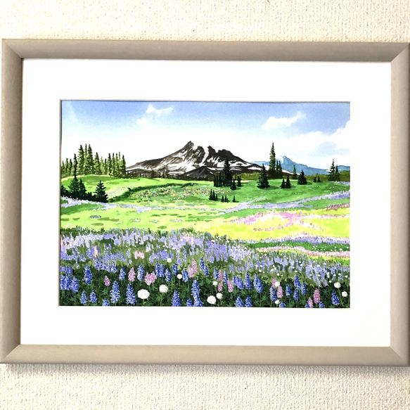 ルーピンの咲くフィールド」透明水彩画 原画 風景画 額縁付 F4