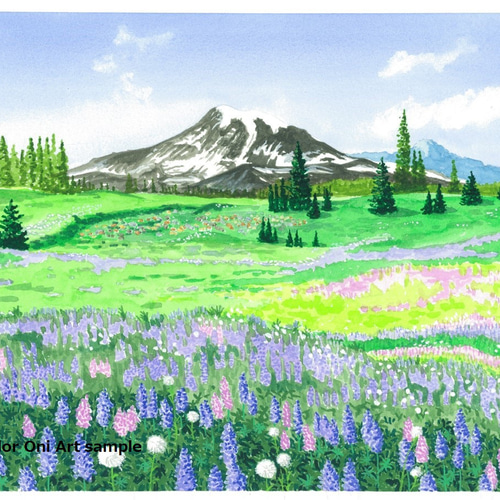 ルーピンの咲くフィールド」透明水彩画 原画 風景画 額縁付 F4 ルーピンの咲くフィールド」透明水彩画 原画 風景画 額縁付 F4