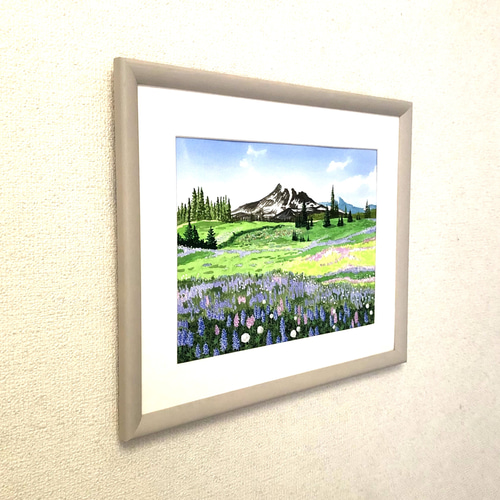 ルーピンの咲くフィールド」透明水彩画 原画 風景画 額縁付 F4 ルーピンの咲くフィールド」透明水彩画 原画 風景画 額縁付 F4