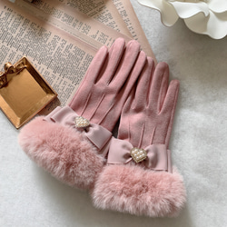 新作♡ スマホ対応　リボン　ハート　パールビジュー　エコファー　ピンク　手袋　バレンタイン 6枚目の画像