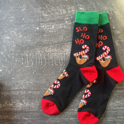 ナマケモノ柄メンズ靴下❤️スケーターソックス グラフィックポップアート カラフル刺繍 なまけものクリスマスカラー ギフト 2枚目の画像