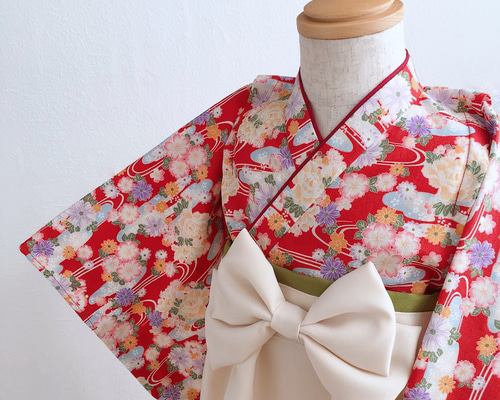 袴ワンピース【流水花紋様赤×クリーム袴×エンジ襟×抹茶紫】ベビー袴
