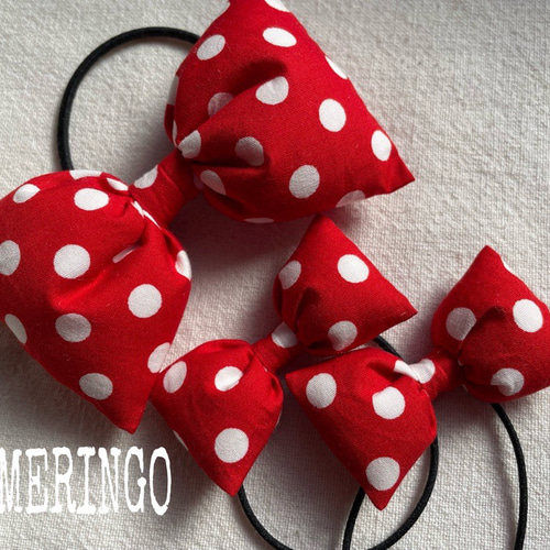 送料無料】《再販》赤×白ドット［4］☆リボンゴムセットA 親子 姉妹 お
