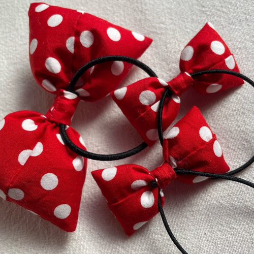 送料無料】《再販》赤×白ドット［4］☆リボンゴムセットA 親子 姉妹 お