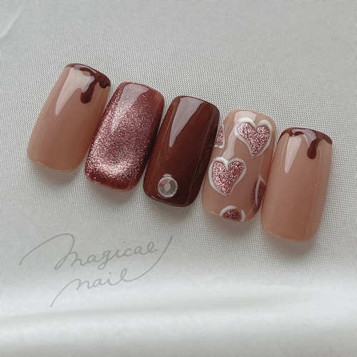 チョコネイルチップ ハートアート ブラウン スイーツ 茶色