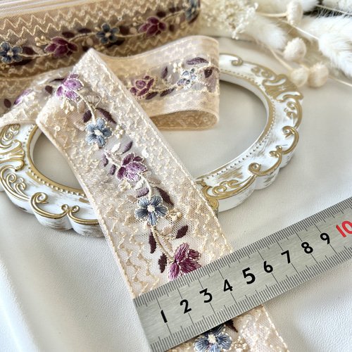 50cm インド刺繍リボン チュール 花柄 #ct3 リボン・テープ La grace