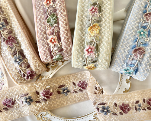 50cm インド刺繍リボン チュール 花柄 #ct3 リボン・テープ La grace