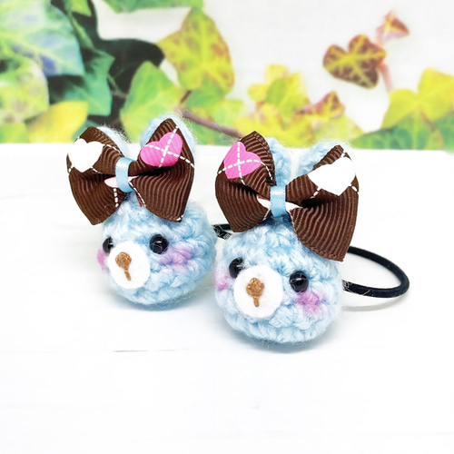 ハートのチェックリボン】うさぎさん あみぐるみ かぎ針編み ヘアゴム