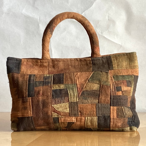 ランダム染めの柿渋染めパッチワークバック (1) トートバッグ ひだまり
