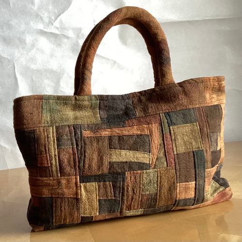 ランダム染めの柿渋染めパッチワークバック (1) トートバッグ ひだまり