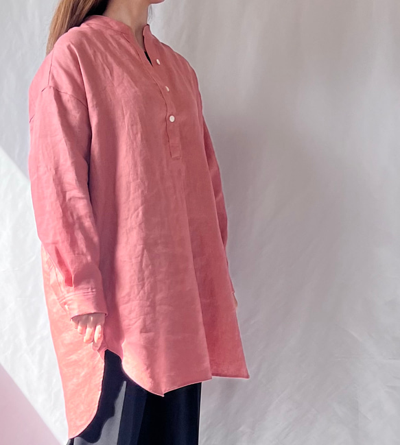 【ゆったりリラックス♪フレンチリネンのチュニックシャツ】プルオーバー　さくら色　サーモンピンク　スモーキーカラー 6枚目の画像