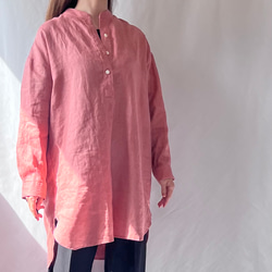 【ゆったりリラックス♪フレンチリネンのチュニックシャツ】プルオーバー　さくら色　サーモンピンク　スモーキーカラー 7枚目の画像