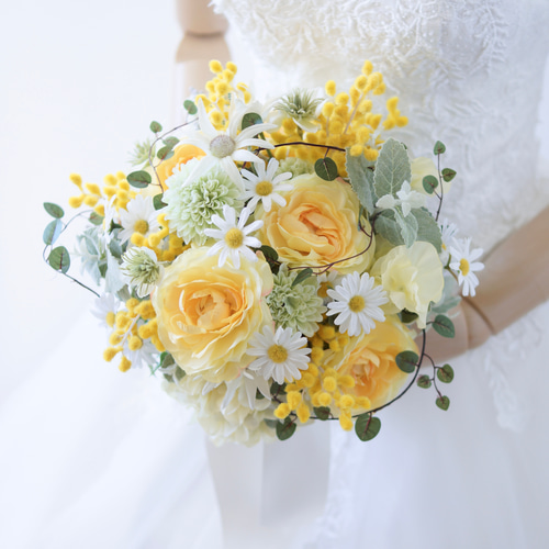 送料無料】黄ラナンキュラスとミモザのウェディングブーケ・ブートニア