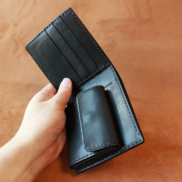 【オーダー品】黒ヌメ革のハーフウォレットとカード入れセット　二つ折り財布　カードケース 13枚目の画像