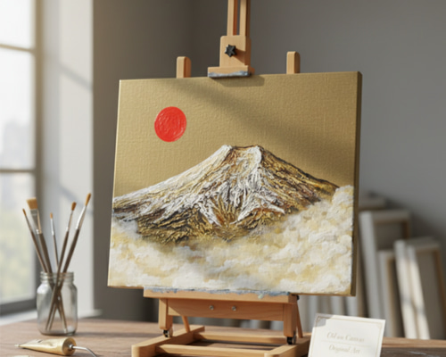 一点物 油彩画【旭日黄金富士】F3号 原画 富士山インテリア 絵画 HR