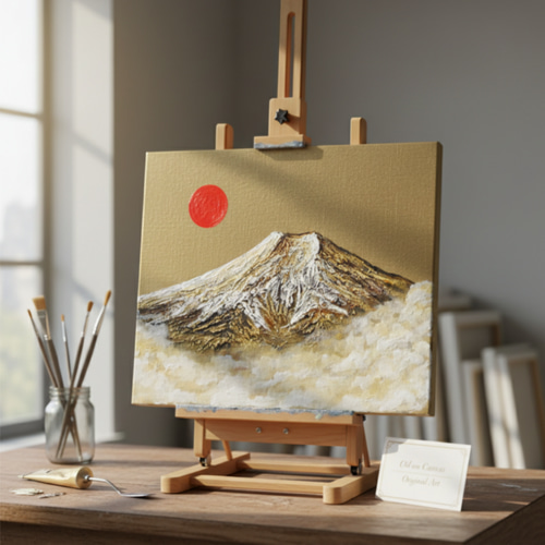 F 3『富士』油絵 一点物 油彩画【旭日黄金富士】F3号 原画 富士山インテリア 絵画 HR