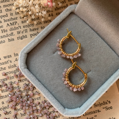 K14WG ピンクストーンのフープピアス 極小✨ ピンクダイヤモンド 原石 フープピアス k16gp ピアス（フープ