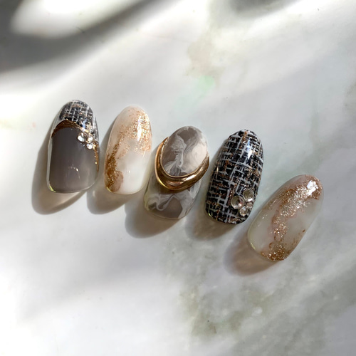 No.22 ツイードネイル/天然石ネイル/冬ネイル/ツイード/ネイルチップ