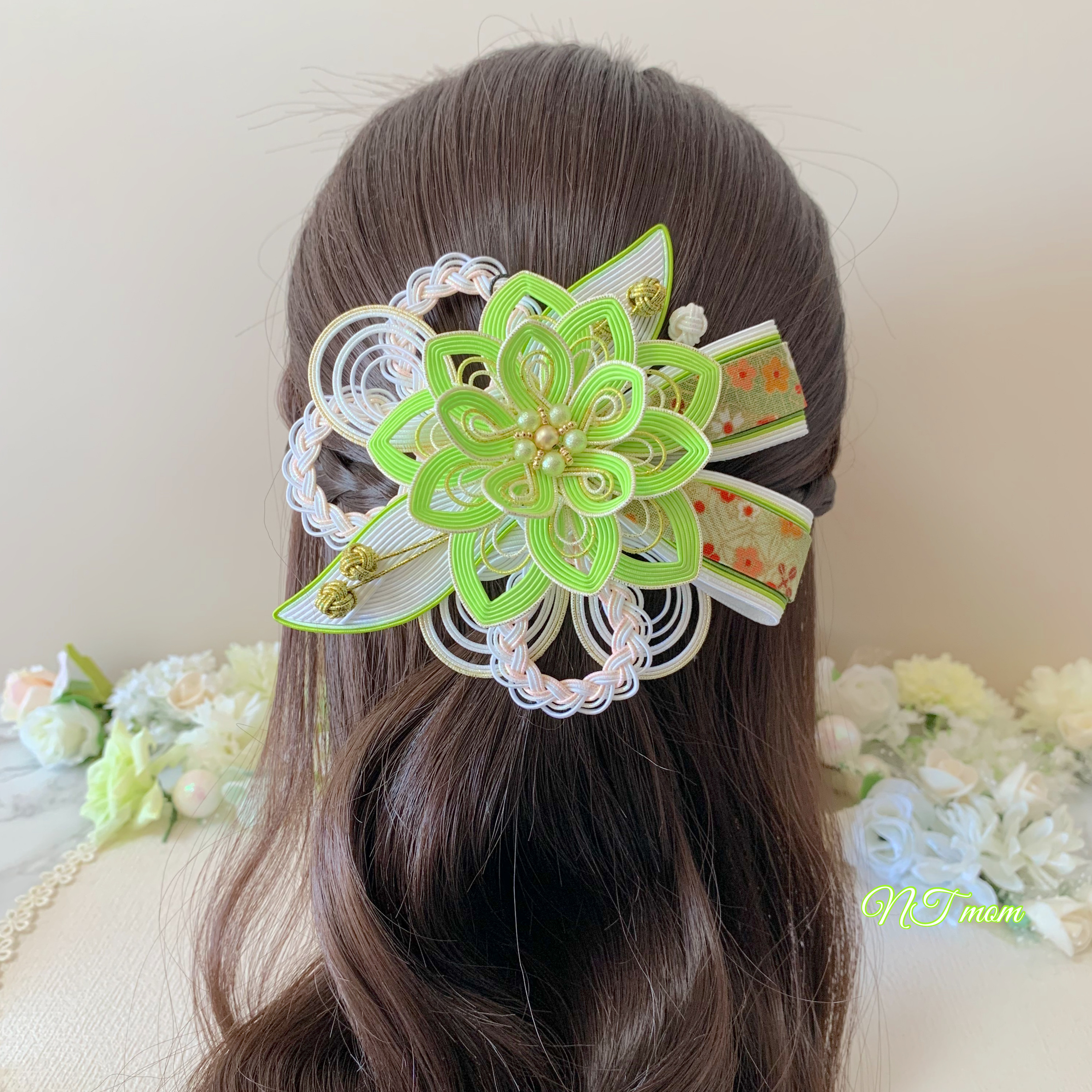 成人式卒業式結婚式・和装水引髪飾り・華一輪・黄緑
