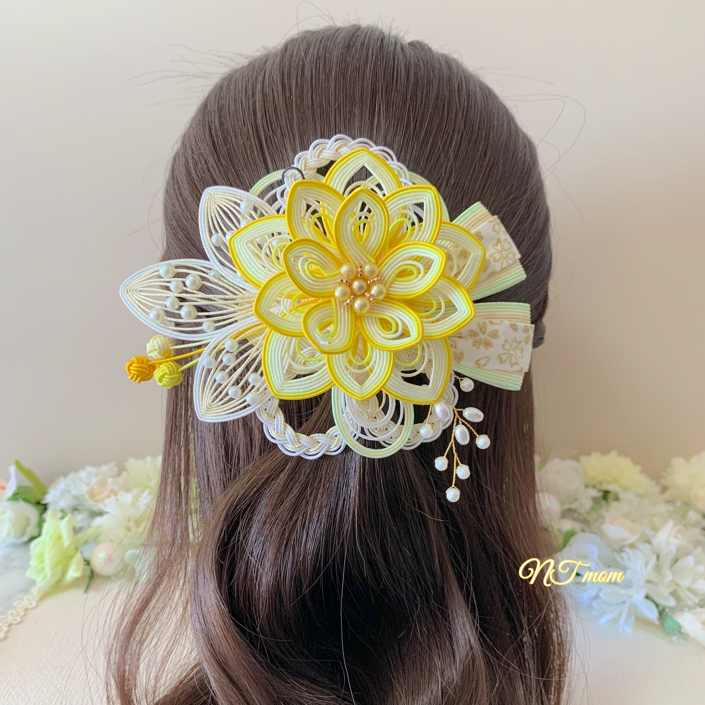 成人式卒業式結婚式・和装水引髪飾り・華一輪・イエロー