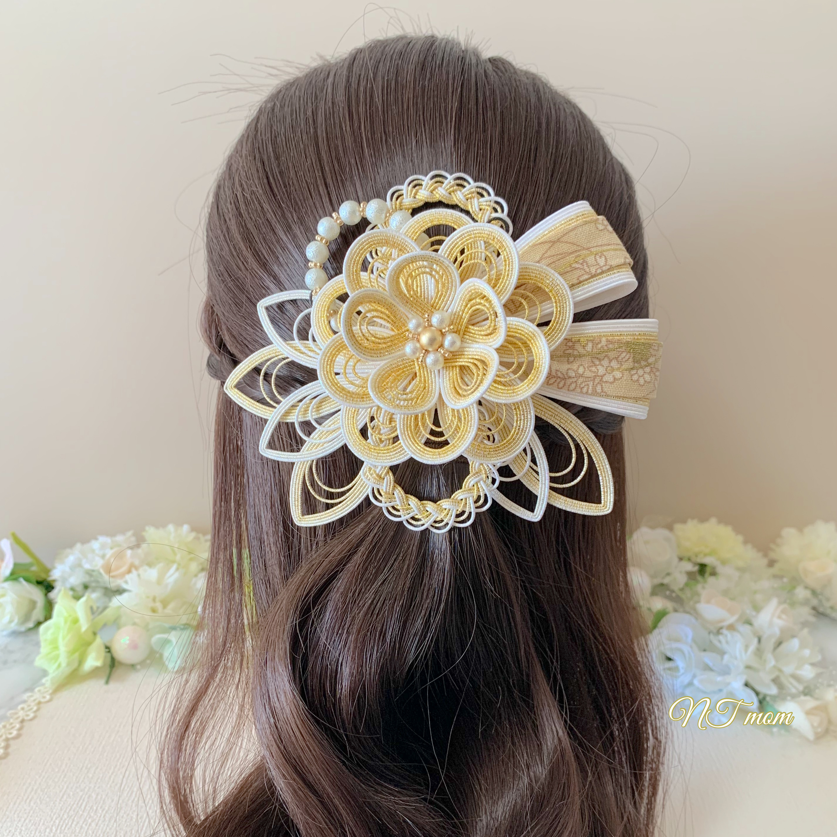 成人式卒業式結婚式・和装水引髪飾り・華一輪・ゴールド
