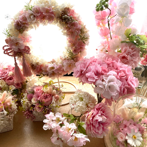 プリザーブドフラワー桜ガラスドームアレンジ ピンク系 結婚新築開店