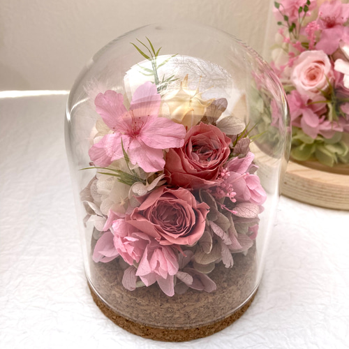 プリザーブドフラワー桜ガラスドームプチアレンジ ピンク系 春の