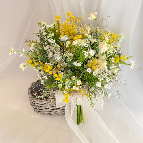 ミモザのナチュラルブーケ＆ブートニアセット 春ブーケ ウェディング