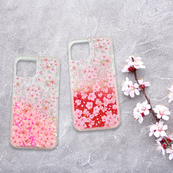 『満開の桜』iPhoneケース♪グリッターケース 春 お花見 スマホケース iPhone15 花柄 サクラ 1枚目の画像
