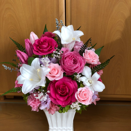 受注生産】全てプリザーブド プチホルン（百合）とチューリップ、薔薇