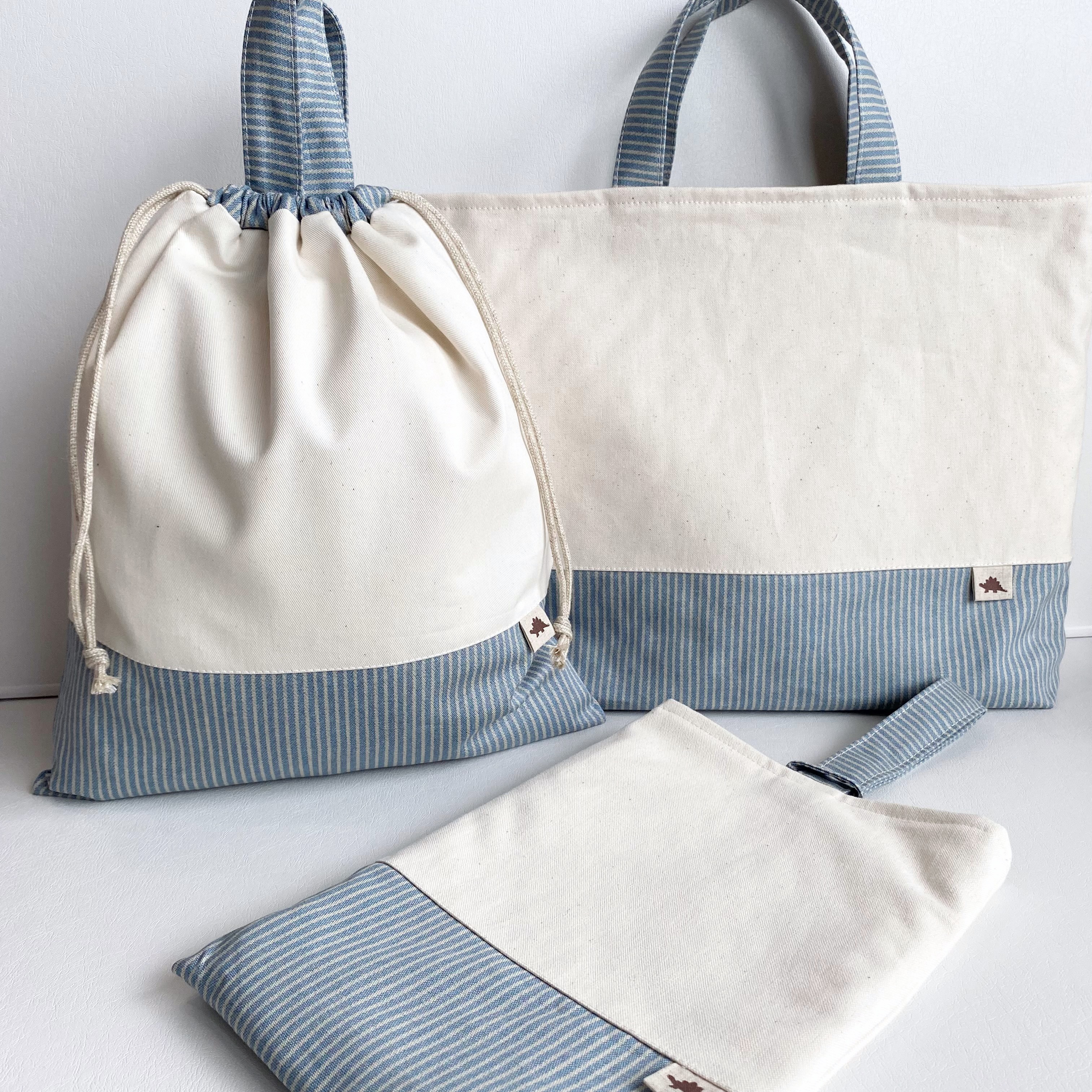 生成りのレッスンバッグ・シューズケース・持ち手付き巾着　3点セット　選べるカラーとサイズ