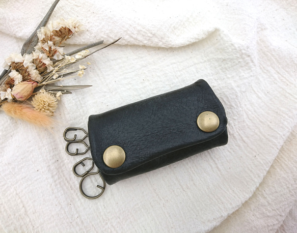 Made-to-order [Leather key case, black] Nibrick leather lid leat 第1張的照片