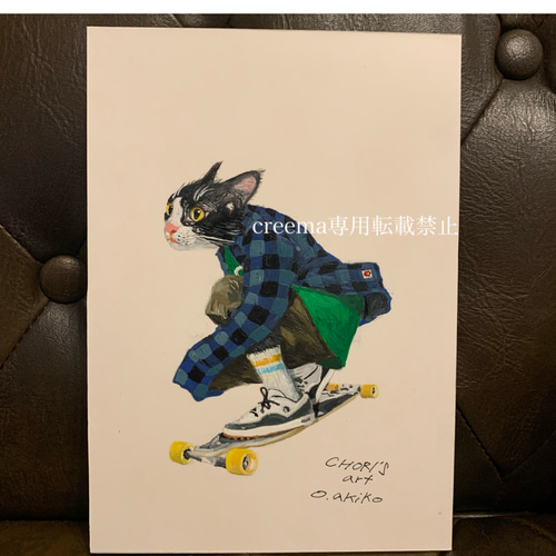 絵画 スケボー 原画 A5 アクリル画 手書き 猫 ハチワレ イラスト