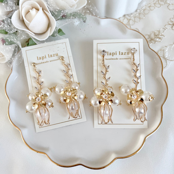 ゴールドフラワー パール つぼみ《ピアス/イヤリング》 ピアス（フック 