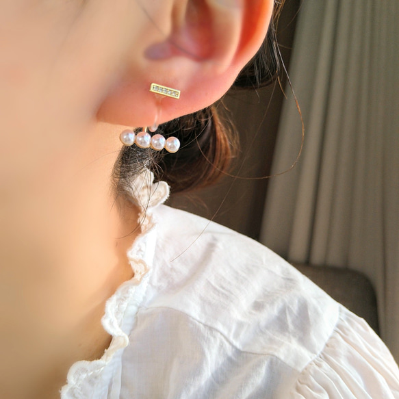 Bijou bar ＆ pearl earrings ビジューバーとパールの樹脂イヤリング樹脂ピアス 大人可愛い痛くない 20枚目の画像