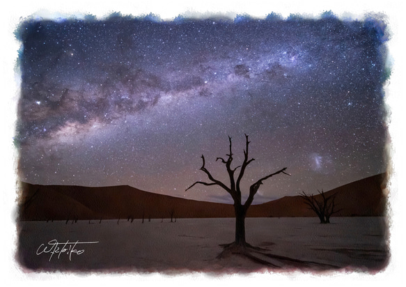 【送料無料】絵画調写真作品「ナミブ砂漠 - デッドフレイの天の川」 1枚目の画像