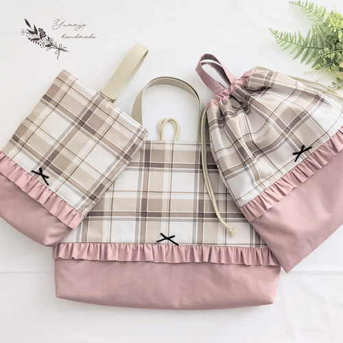 ♡ミルクティー様♡レッスンバッグ　上履き入れ　赤チェック　青チェック　オーダー ♡ミルクティー様♡レッスンバッグ 上履き入れ 赤チェック 青