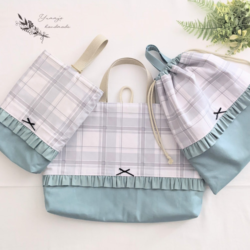 18 ハンドメイド　フリルレッスンバッグ　フリルバッグ　チェック チェリー 18 ハンドメイド フリルレッスンバッグ フリルバッグ チェック