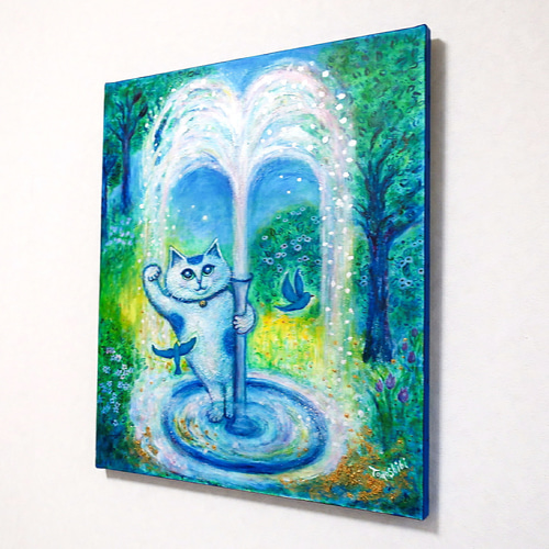 原画 猫 #107 原画 「招き猫のいる噴水ガーデン」 F10号 ＃絵画 ＃ねこ