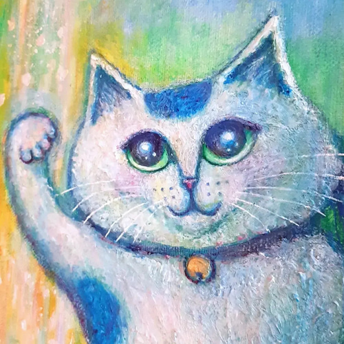 原画 「招き猫のいる噴水ガーデン」 F10号 ＃絵画 ＃ねこ ＃招き猫