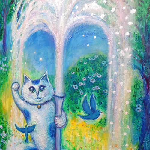原画 「招き猫のいる噴水ガーデン」 F10号 ＃絵画 ＃ねこ