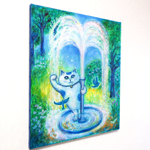 原画 「招き猫のいる噴水ガーデン」 F10号 ＃絵画 ＃ねこ ＃招き猫